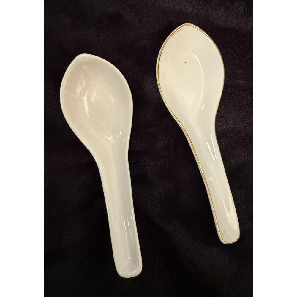 Lot Of 2 Vintage Porcelain Chinese Rice Soup Spoons Gold Trim on One See Pics!!!